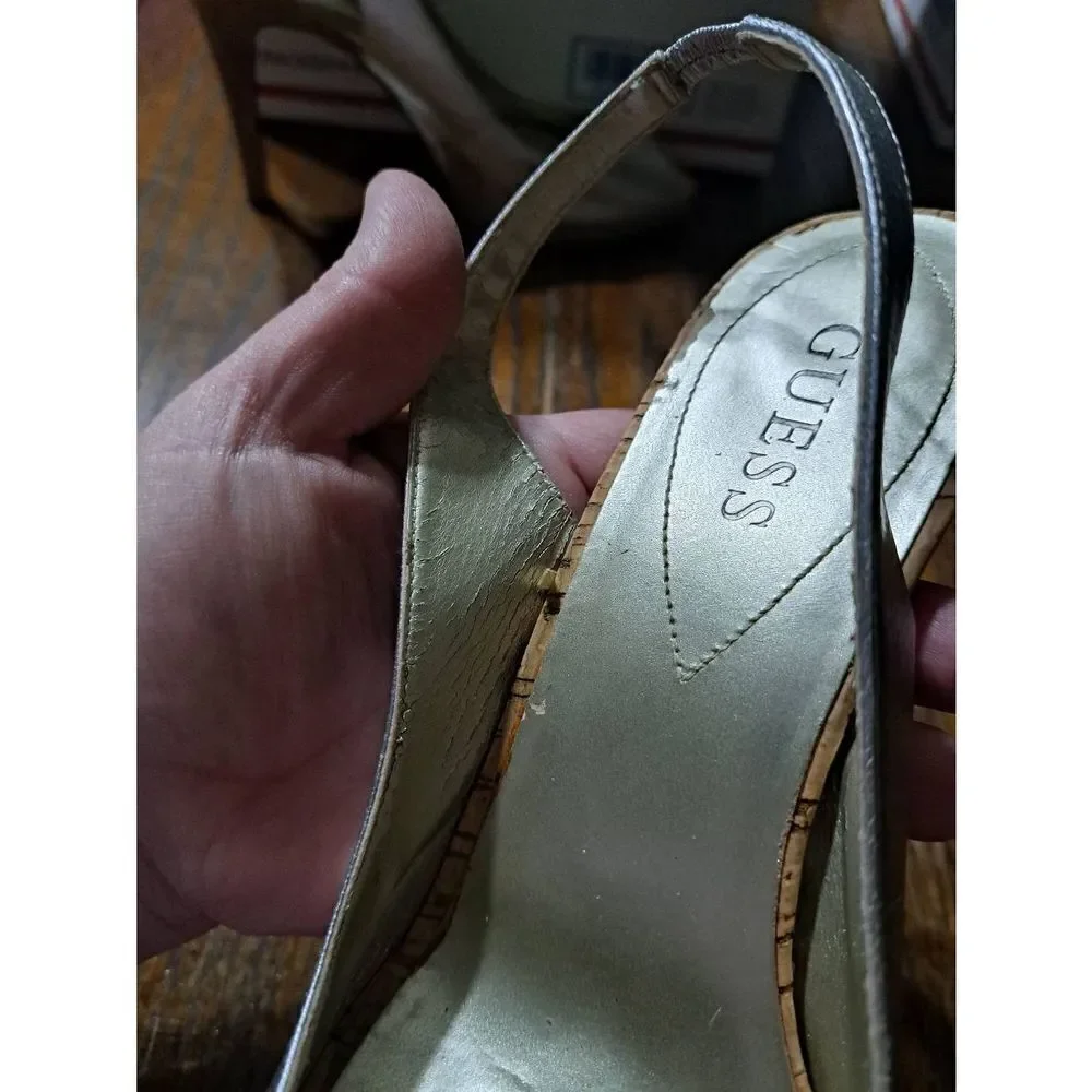 Size 9M Guess Silver Sling Back Peep Toe Cork High Heel Dress Shoes